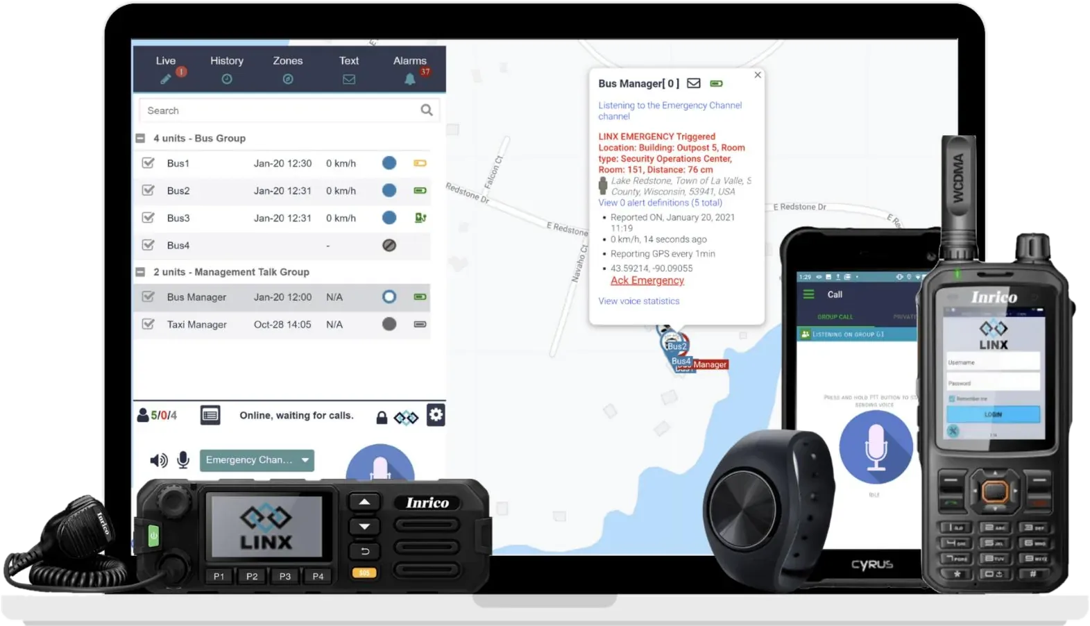 LINX dispatch console on a laptop with a LINX mobile radio, a rugged phone, a wearable panic button and a PoC handheld radio